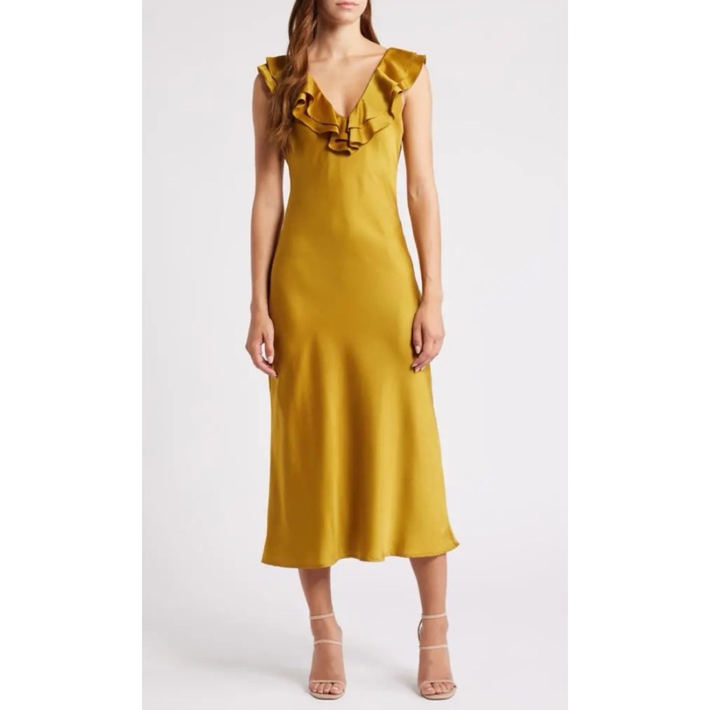 WAYF LIDA RUFFLE NECKLINE SATIN MIDI DRESS ❤️NWT IN STORES❤️